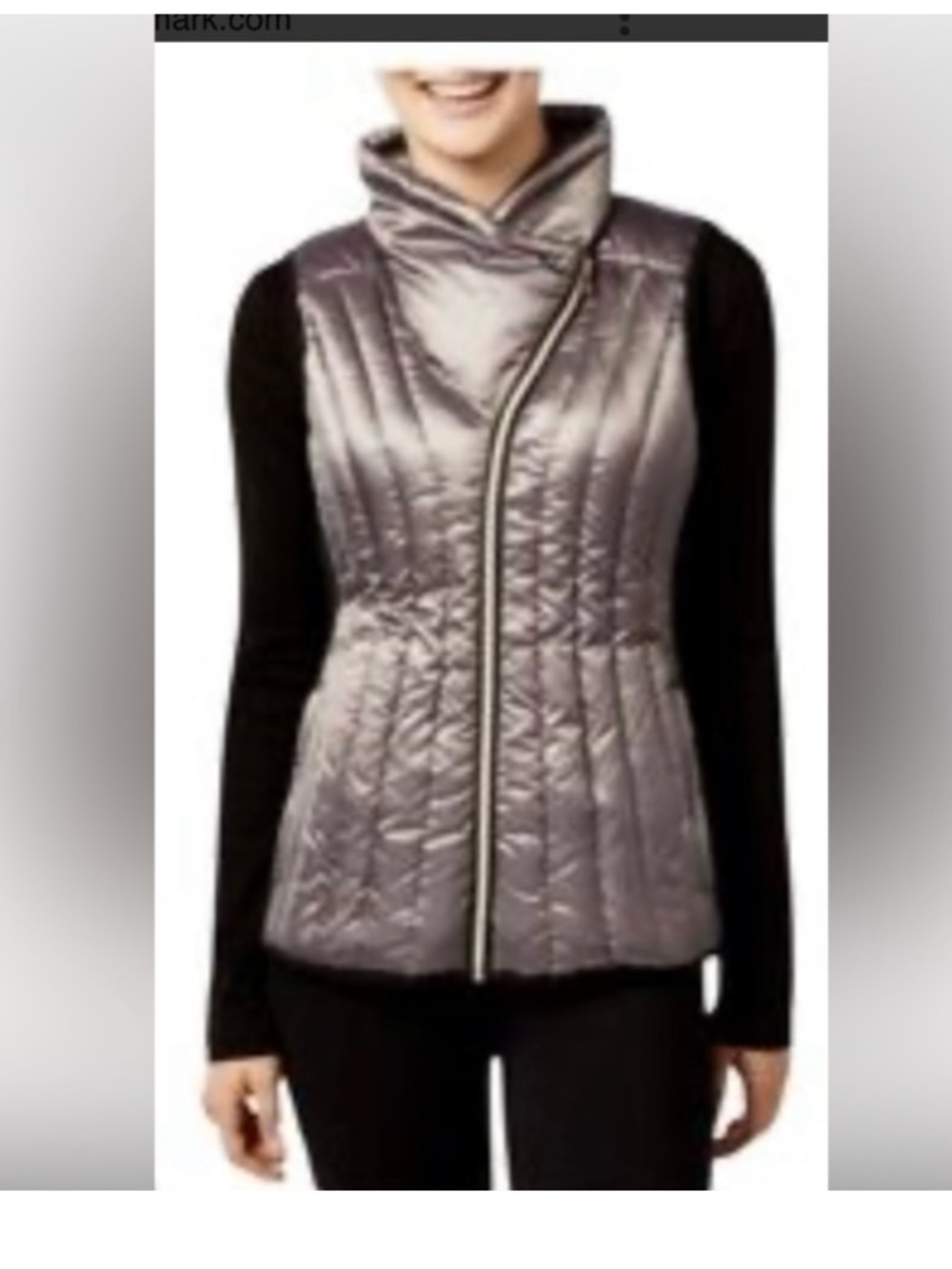 Calvin Klein Quilted Metallic Silver Vest with Asymmetrical Zip